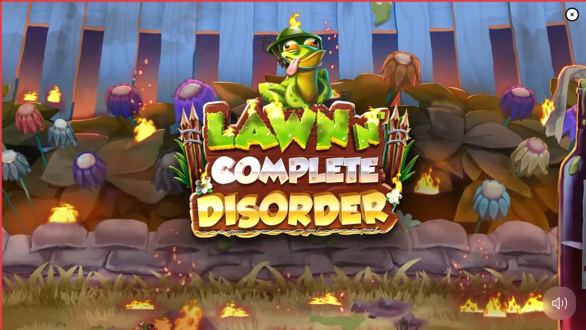 Gnomo empurrando carrinho de ouro em um jardim em chamas no slot Lawn N’ Complete Disorder